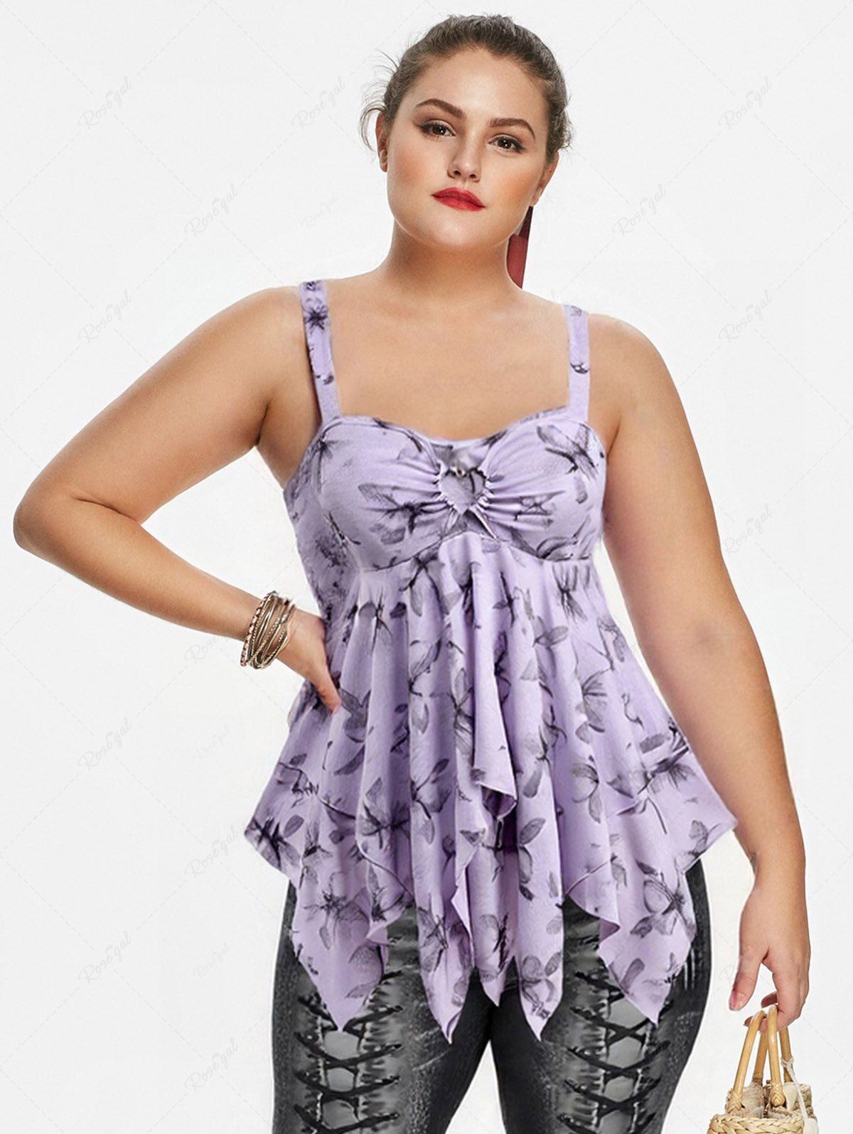 Buy Plus Size Floral Print Heart Buckle Layered Handkerchief Asymmetric Tank Top  