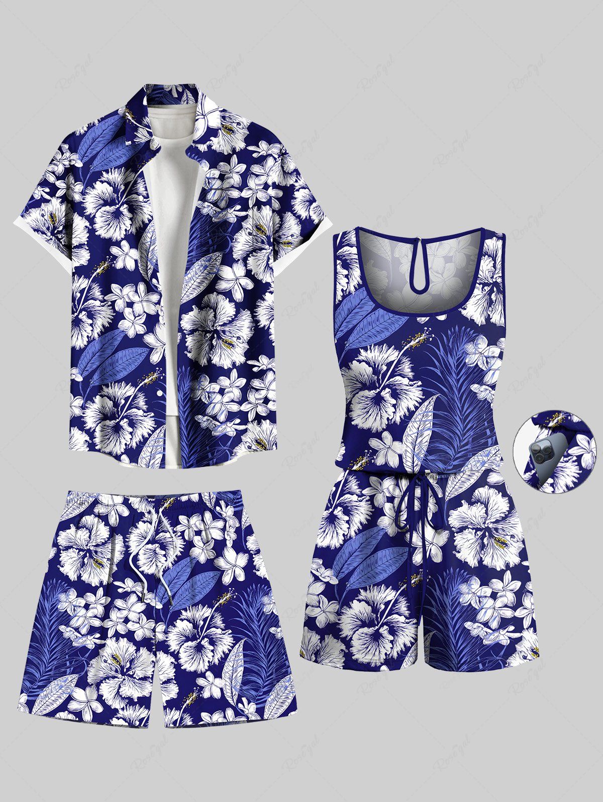 Ensemble chemise et barboteuse hawaïennes assorties, grande taille, tenue de plage, imprimé feuilles tropicales et hibiscus, pour couples Bleu profond 