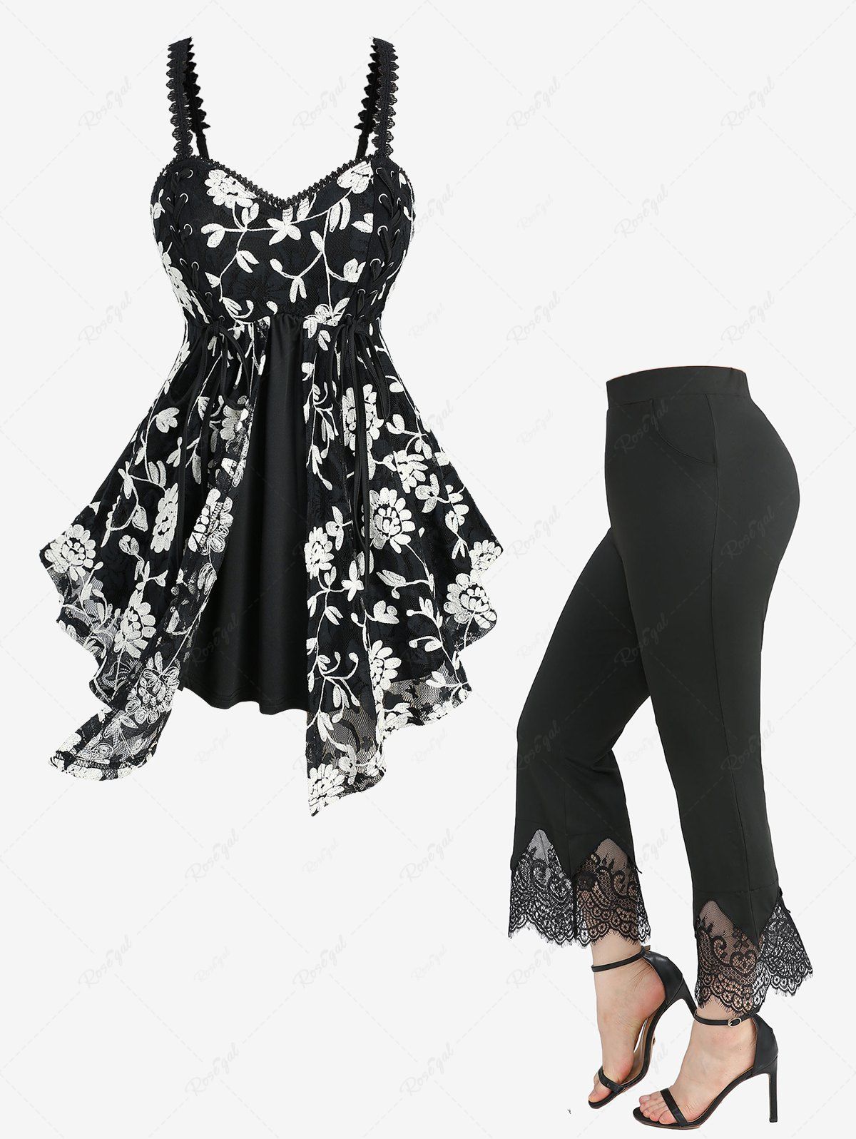 Outfit Flower Embroidery Lace Up Tank Top and Scalloped Tassel Flare Pants Plus Size Outfit  
