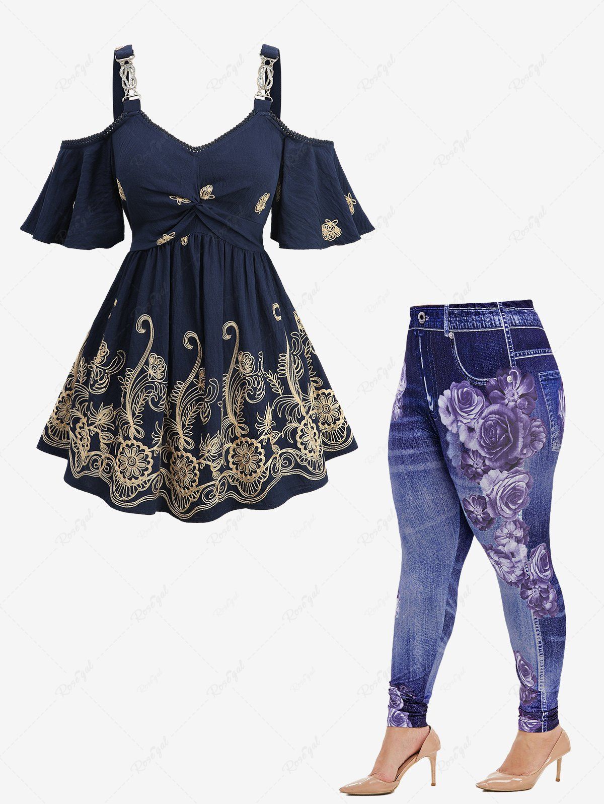 Shops Butterfly Curve Embroidered Twist Cold Shoulder Blouse and Floral Gym 3D Jeggings Plus Size Outfit  