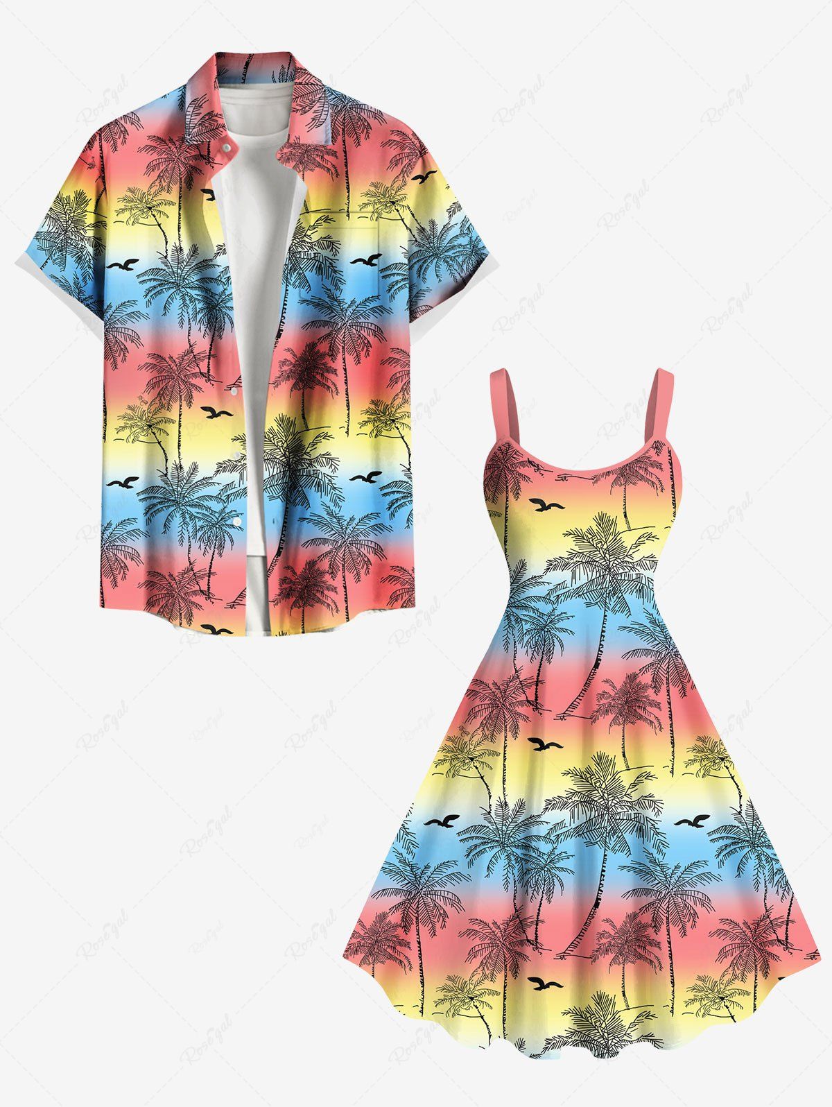 Tenue de plage hawaïenne assortie grande taille, motif cocotier, oiseau, arc-en-ciel, dégradé de couleurs, imprimé blocs de couleurs, pour couples Rouge 
