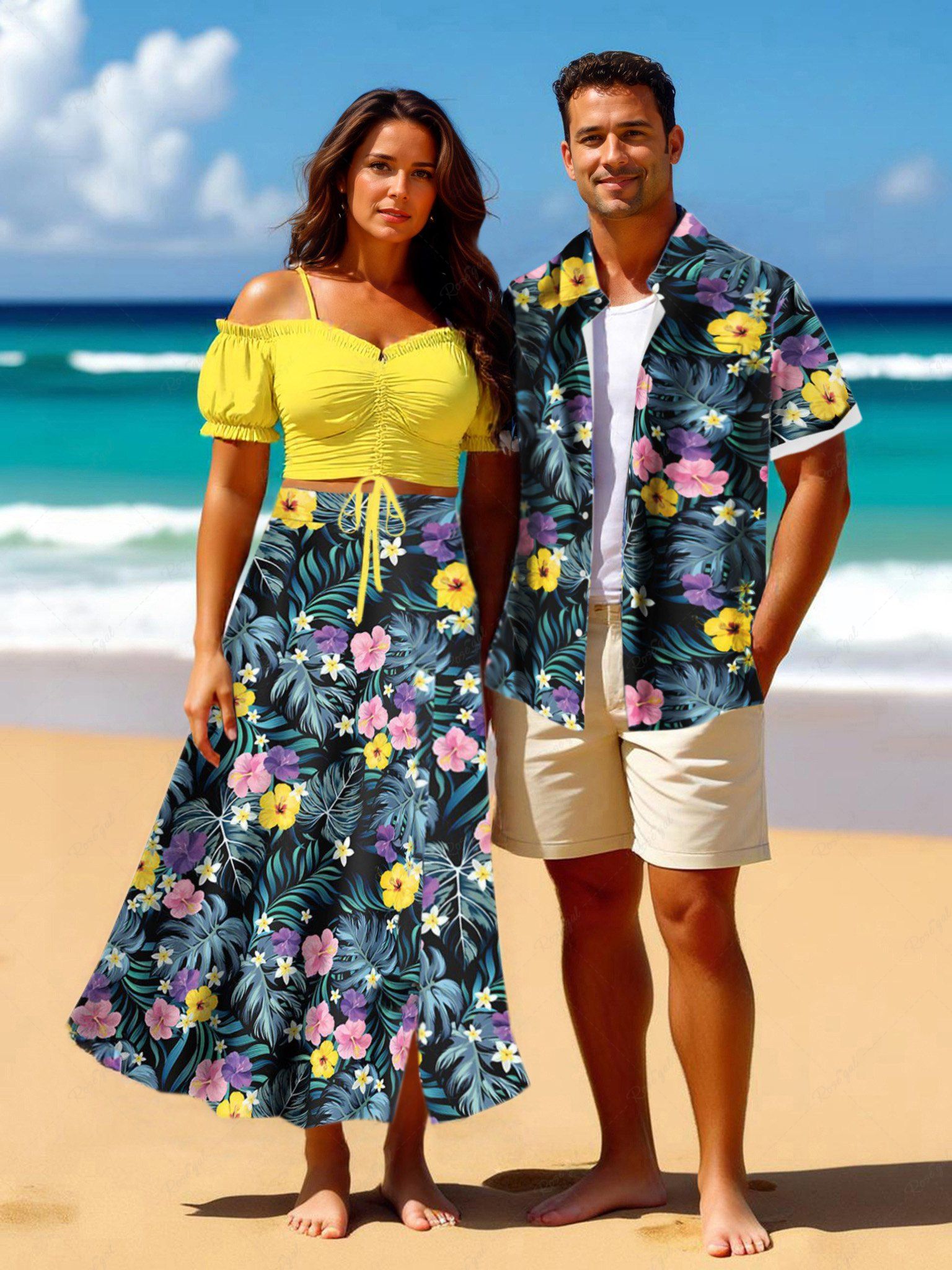 Hot Tropical Leaf Flowers Print Plus Size Matching Hawaii Beach Outfit For Couples  
