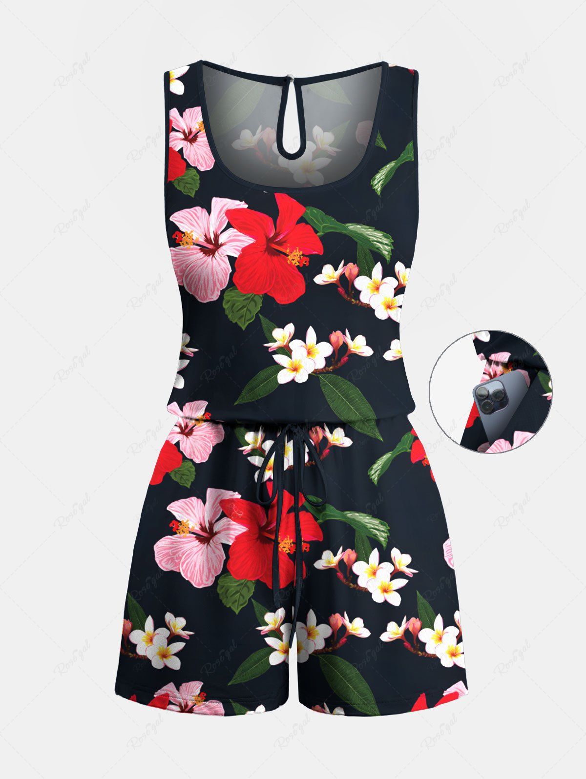 Combinaison hawaïenne grande taille à imprimé floral et feuilles colorées avec cordon de serrage et poches Noir M