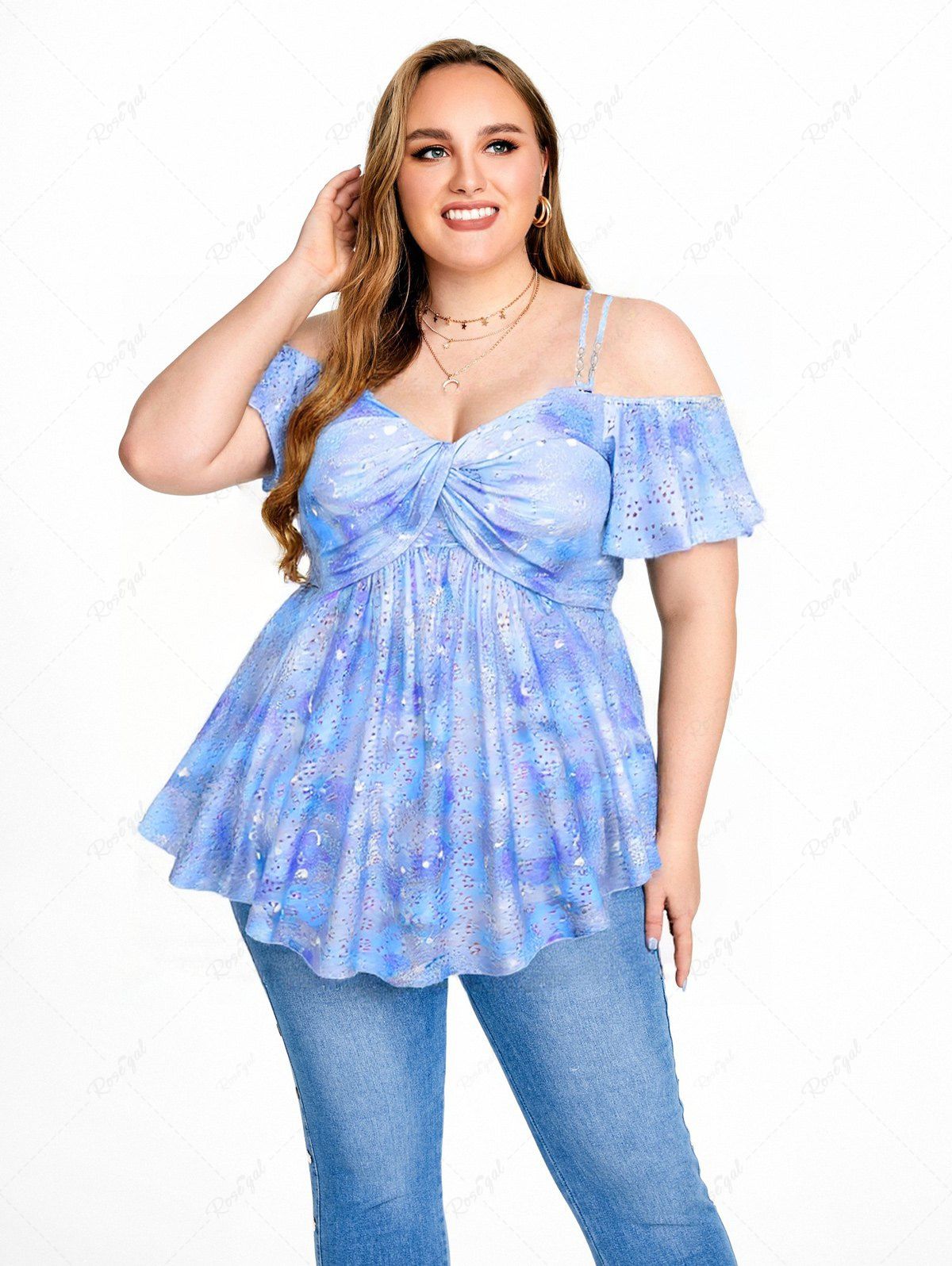 Haut Tordu Evidé Ombré Lune Etoile Galaxie Imprimés de Grande Taille Bleu clair 1X | US 14-16