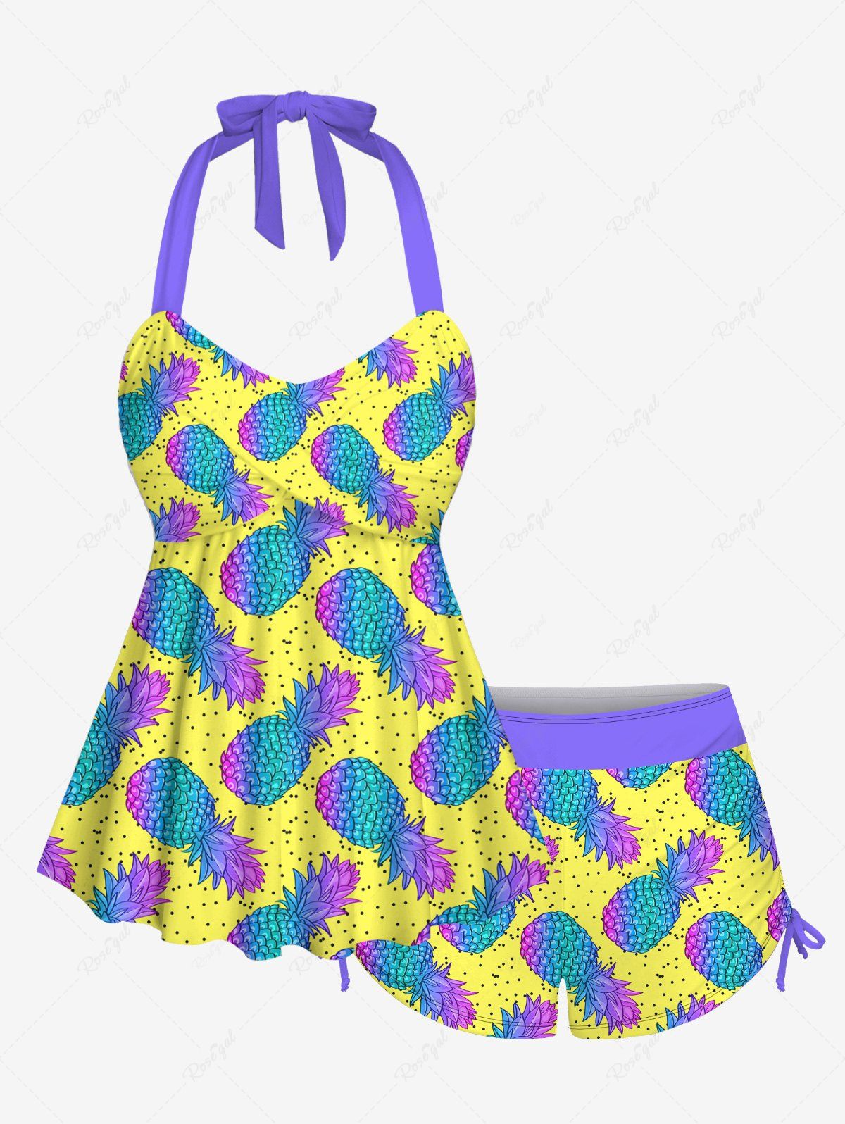 Cheap Fashion Ombre Pineapple Pin Dot Print Twist Backless Halter Cinched Boyleg Hawaii Tankini Swimsuit  