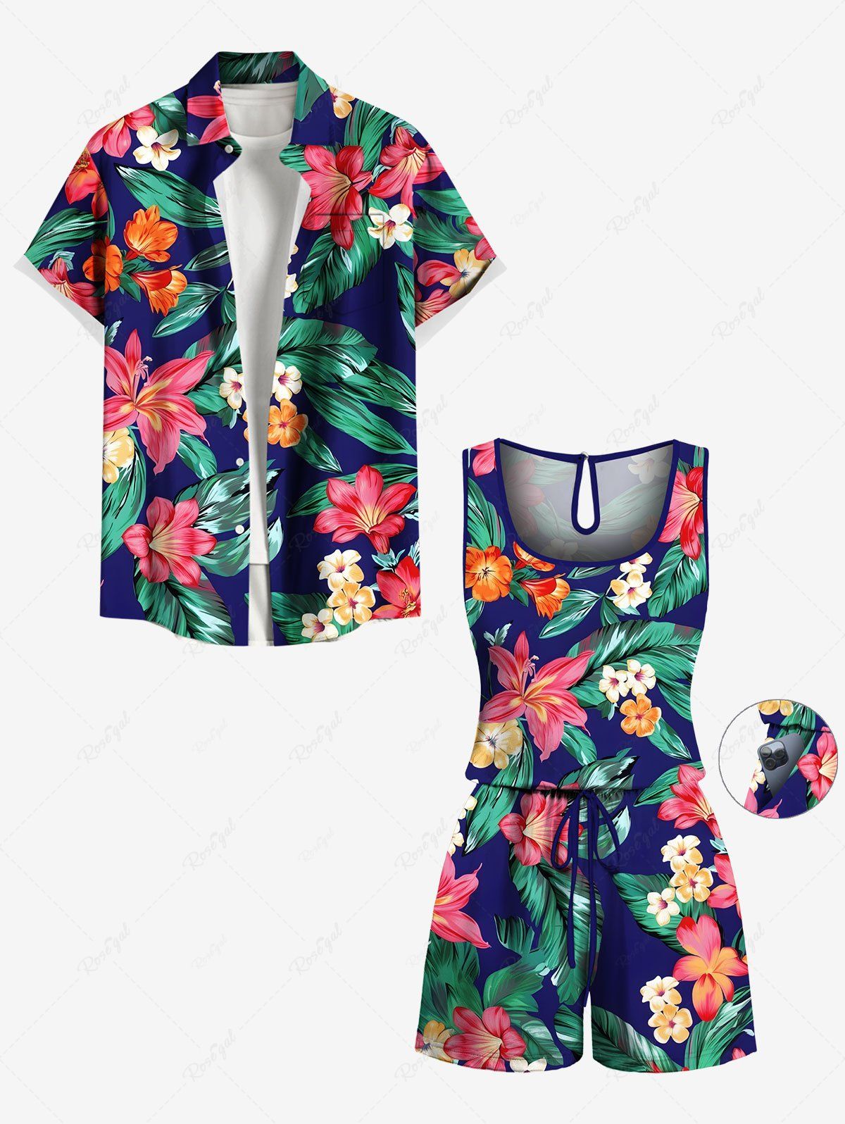 Store Matching Hawaii Shirt and Romper Plus Size Beach Outfit Tropical Leaf Flower Print For Couples  