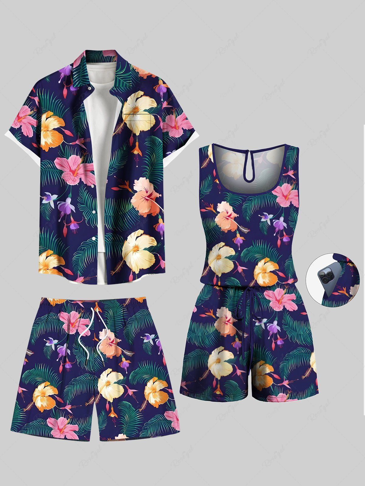 Ensemble chemise, short et barboteuse hawaïens assortis, grande taille, tenue de plage à imprimé floral et feuilles tropicales pour couples Bleu 