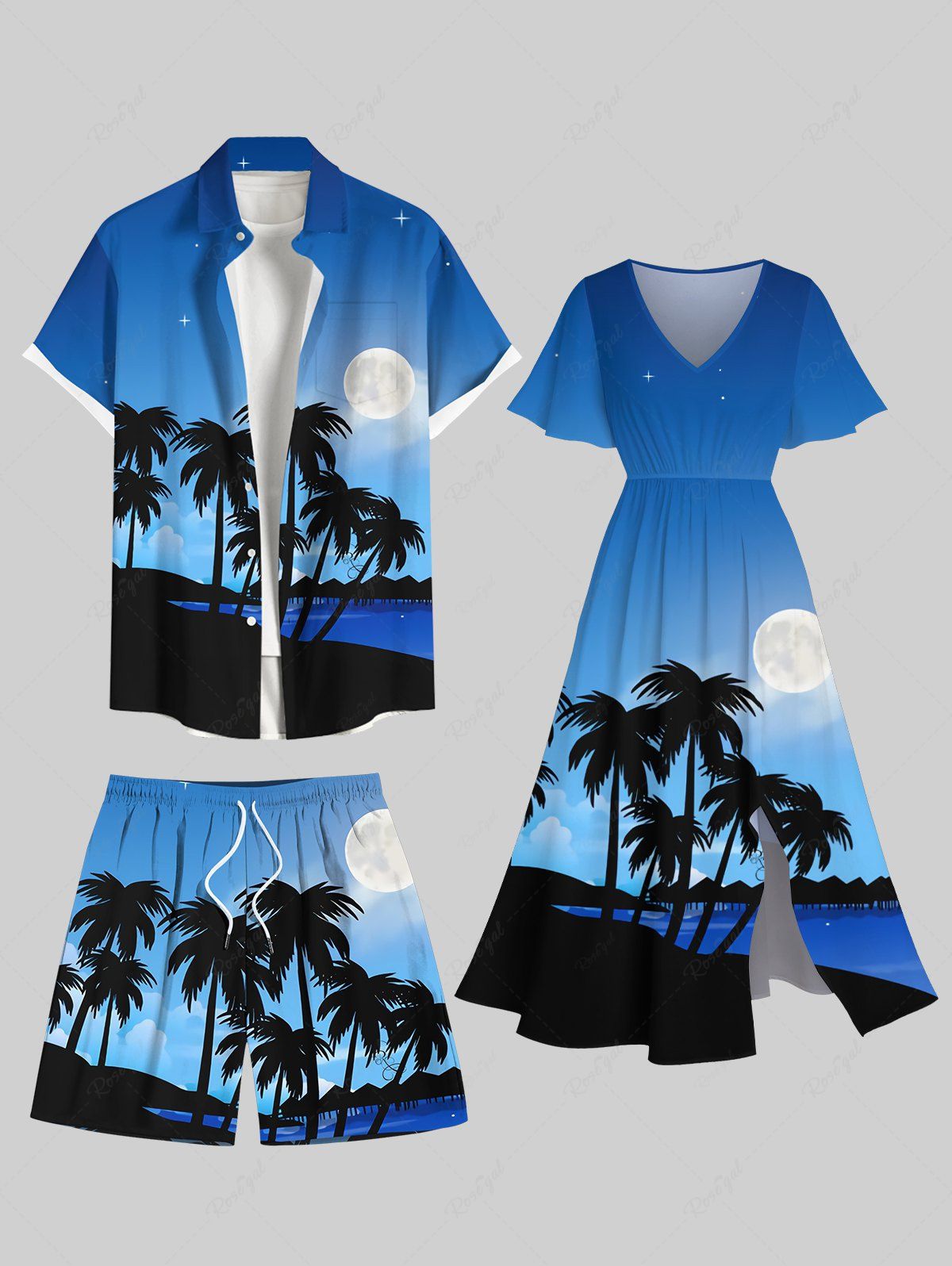 Hot Coconut Tree Moon Ombre Sky Print Plus Size Matching Hawaii Beach Outfit For Couples  
