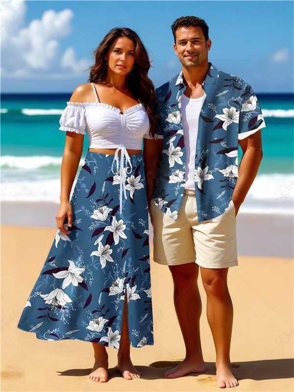 Cheap Ombre Floral Leaves Print Plus Size Matching Hawaii Beach Outfit For Couples  