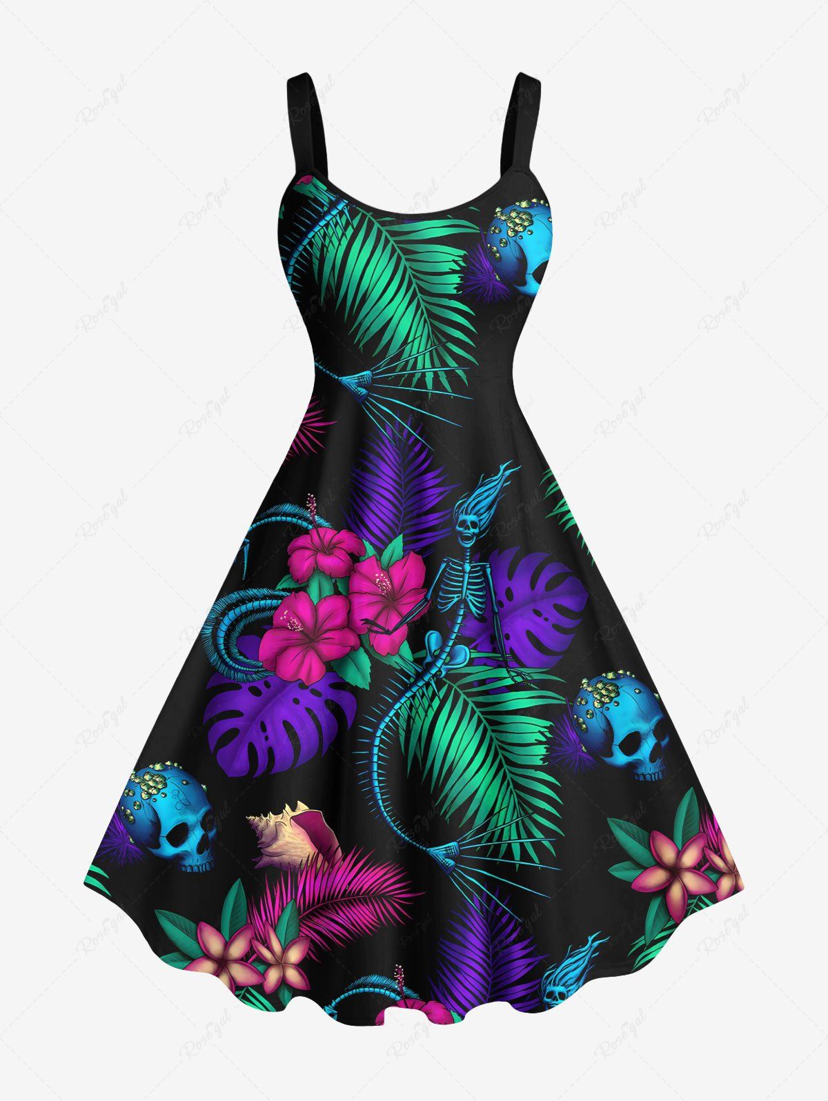 Outfits Plus Size Colorful Tropical Leaves Floral Skull Skeleton Mermaid Snake Print Hawaii A Line Tank Dress  