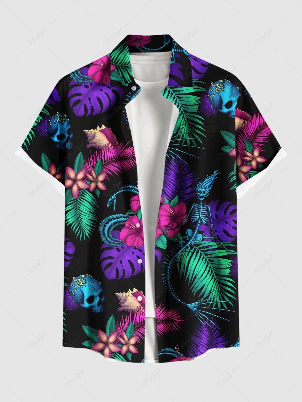 New Plus Size Colorful Tropical Leaf Flower Skull Skeleton Mermaid Snake Print Hawaii Shirt For Men  