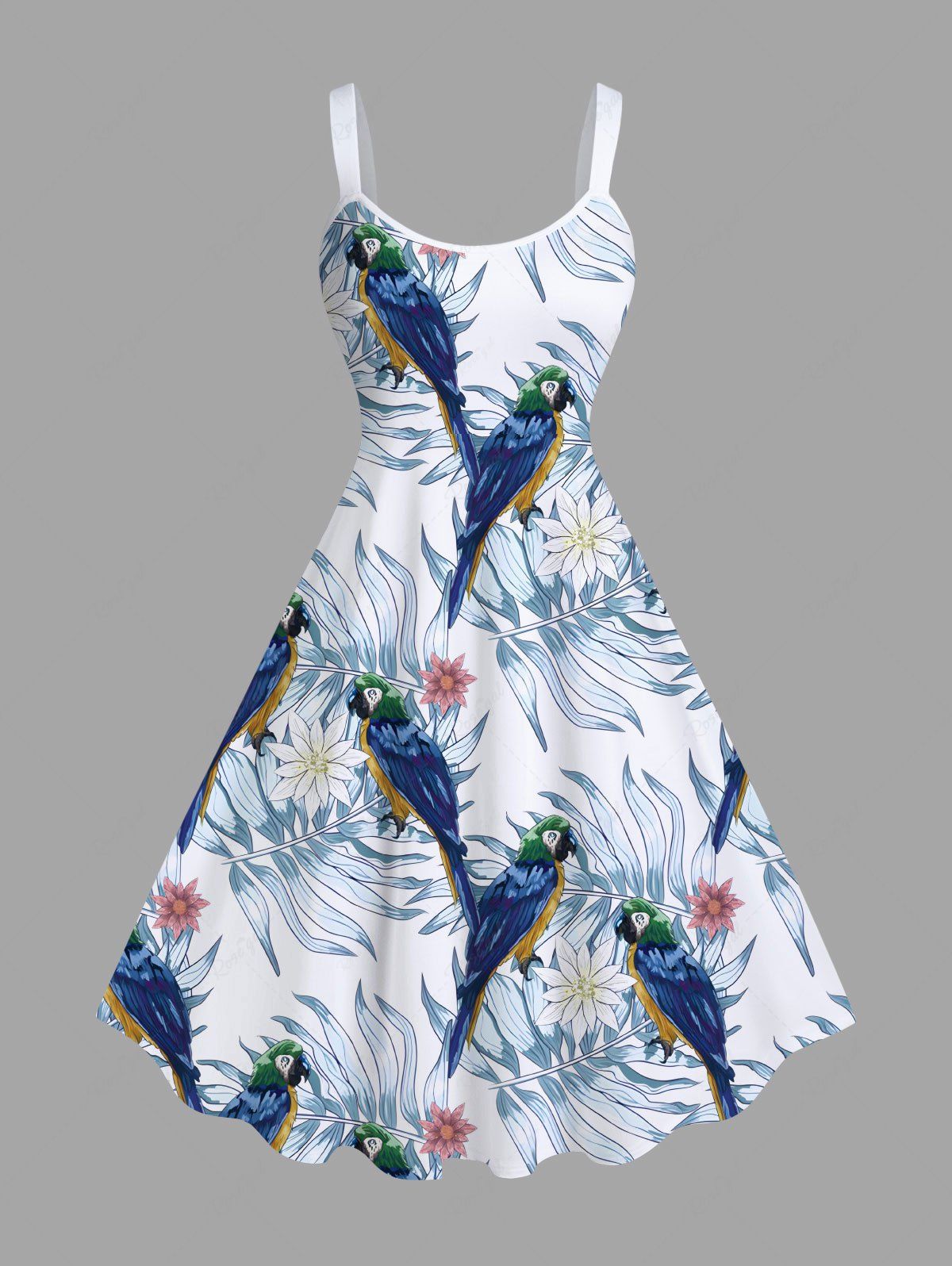 Fashion Plus Size Tropical Leaves Floral Parrot Print Hawaii A Line Tank Dress  