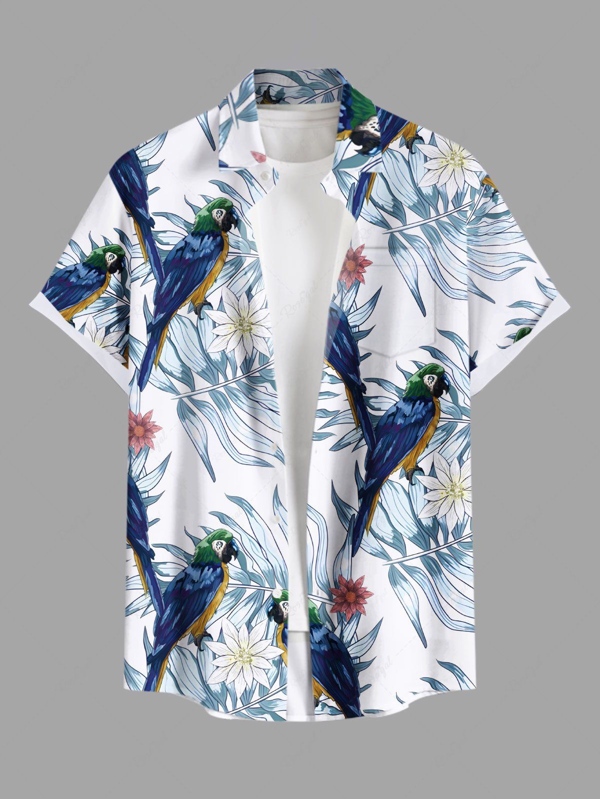 Buy Plus Size Tropical Leaves Floral Parrot Print Hawaii Button Pocket Shirt For Men  