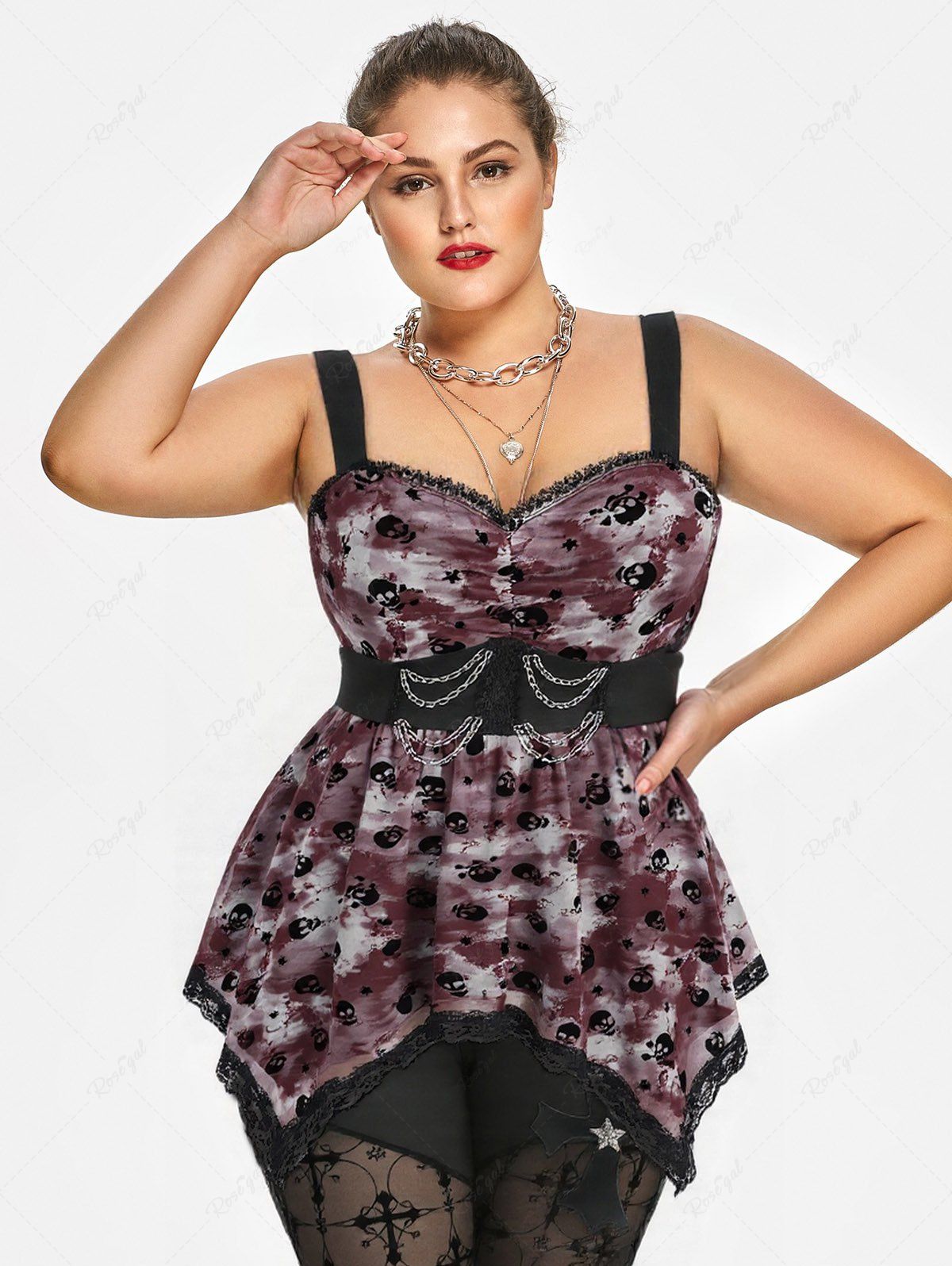 Shop Plus Size Skull Star Flocking Tie Dye Print Mesh Lace Trim Ruched Chains Panel Tank Top  