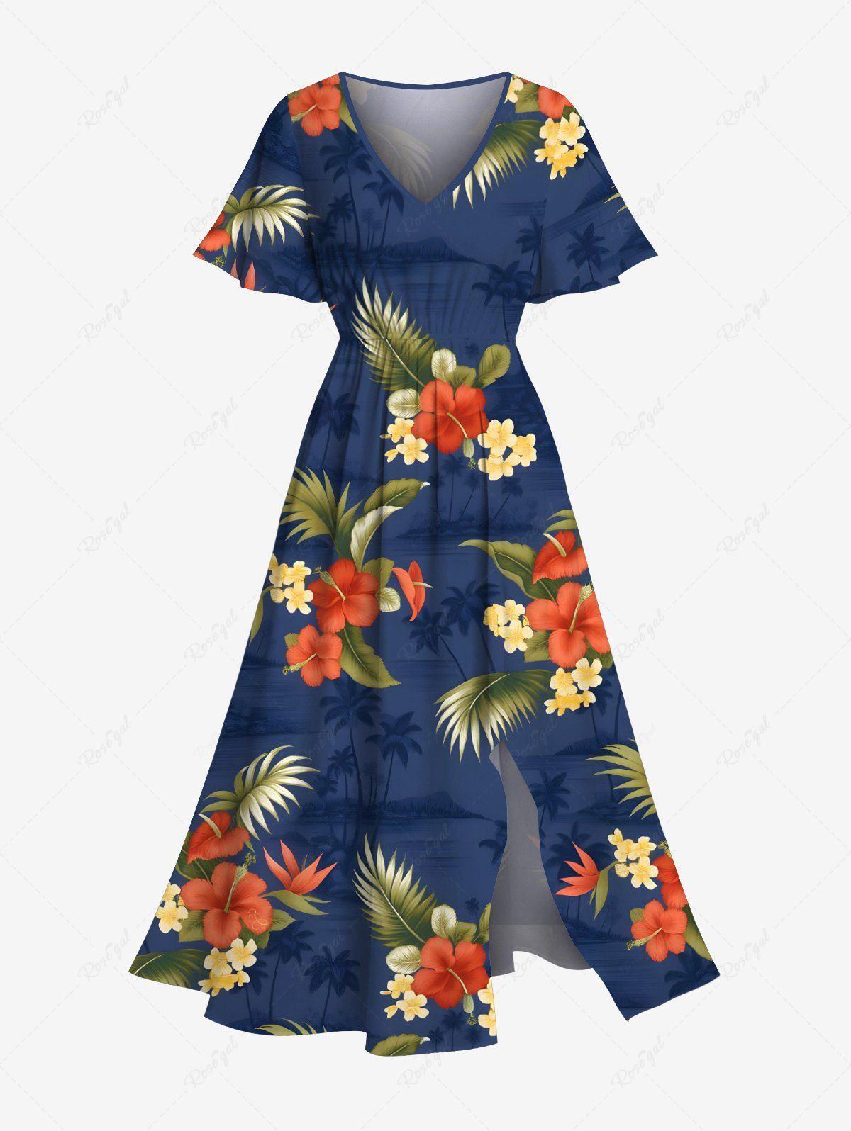 Discount Plus Size Tropical Leaves Floral Print Hawaii Split Pocket A Line Midi Dress  