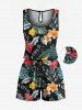 Ensemble chemise et barboteuse hawaïennes assorties, grande taille, tenue de plage, imprimé feuilles tropicales et hibiscus, pour couples - Noir 