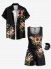 Combinaison hawaïenne cintrée grande taille à imprimé feuilles tropicales et fleurs d'hibiscus - Noir 2X