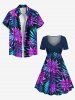 Robe hawaïenne cintrée grande taille à imprimé feuilles tropicales et fleurs - Pourpre  6X