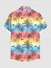 Plus Size Coconut Tree Bird Rainbow Ombre Colorblock Print Buttons Pocket Hawaii Shirt For Men -  