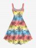 Plus Size Coconut Tree Bird Rainbow Ombre Colorblock Print Hawaii Tank Dress -  