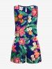 Plus Size Tropical Leaves Floral Print Hawaii Drawstring Pocket Romper -  