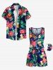 Plus Size Tropical Leaves Floral Print Hawaii Drawstring Pocket Romper -  