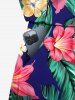 Plus Size Tropical Leaves Floral Print Hawaii Drawstring Pocket Romper -  