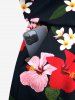 Plus Size Colorful Floral Leaves Print Hawaii Drawstring Pocket Romper -  