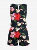 Plus Size Colorful Floral Leaves Print Hawaii Drawstring Pocket Romper -  