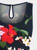 Plus Size Colorful Floral Leaves Print Hawaii Drawstring Pocket Romper -  