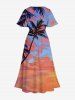 Plus Size Coconut Tree Cloud Dusk Print Hawaii Split Pocket A Line Midi Dress -  