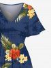 Plus Size Tropical Leaf Flower Print Hawaii Split Pocket A Line Midi Dress -  
