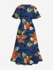 Plus Size Tropical Leaf Flower Print Hawaii Split Pocket A Line Midi Dress -  