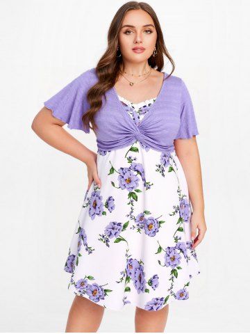 Plus Size Twisted Plunging Crop Top and 3D Flower Print Spaghetti Strap Dress - PURPLE - 1X | US 14-16