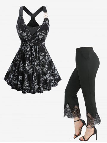 Bamboo Print Crossover 2 in 1 Tank Top and Scalloped Tassel Flare Pants Plus Size Outfit - BLACK