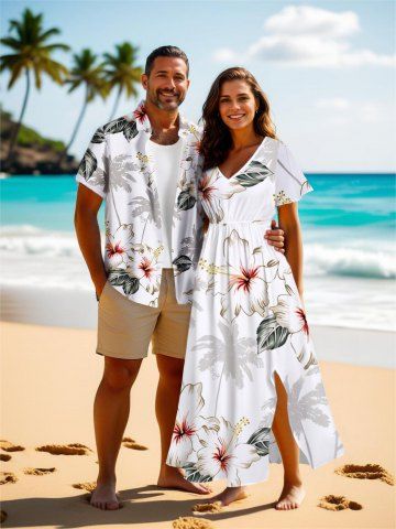 Coconut Tree Floral Leaves Print Plus Size Matching Hawaii Beach Outfit For Couples - WHITE