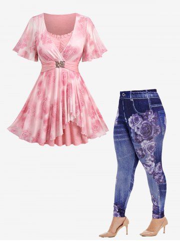 Ensemble 2 en 1 avec haut à volants et ourlet tulipe à imprimé rose et jeggings 3D à fleurs, grande taille - LIGHT PINK