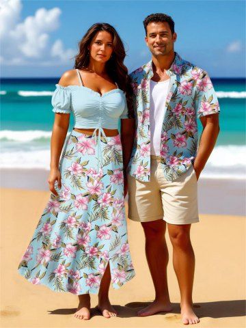 Flowers Leaf Print Plus Size Matching Hawaii Beach Outfit For Couples - LIGHT BLUE