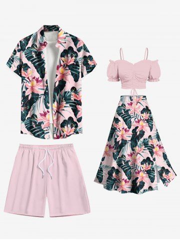 Tropical Flower Leaf Print Plus Size Matching Hawaii Beach Outfit For Couples - LIGHT PINK