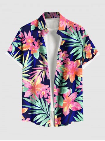 Plus Size Tropical Leaf Flowers Print Buttons Pocket Hawaii Shirt For Men - BLUE - 3XL