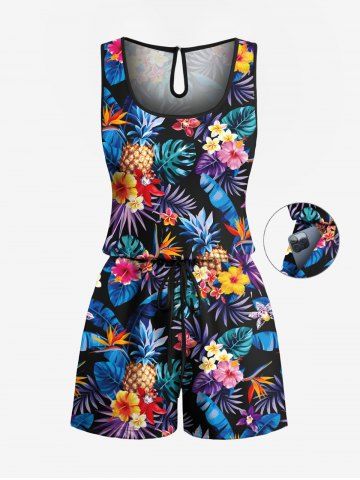 Plus Size Tropical Leaf Hibiscus Flowers Pineapple Print Cinched Hawaii Romper - BLACK - M