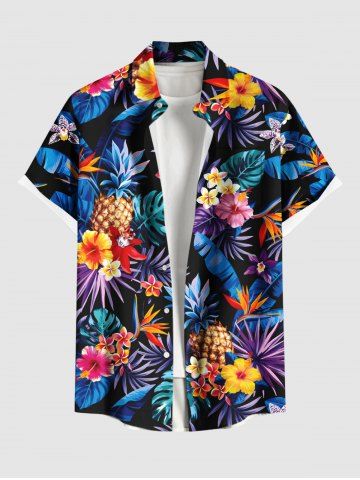 Plus Size Tropical Leaf Hibiscus Flowers Pineapple Print Buttons Pocket Hawaii Shirt For Men - BLACK - 3XL