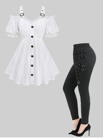 Jacquard Embroidery Pointelle Hollow Out Top and Straps Grommets Leggings Plus Size Outfit - WHITE