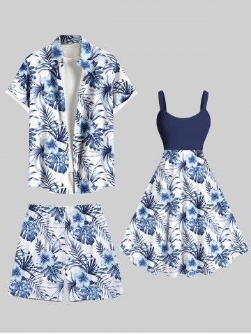Tenue de plage hawaïenne assortie grande taille à imprimé floral hibiscus et feuilles tropicales pour couples - BLUE