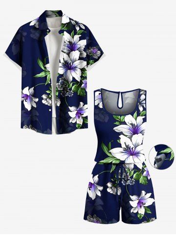 Ensemble chemise et barboteuse hawaïennes assorties, tenue de plage grande taille, imprimé feuilles de lys, pour couples - BLACK