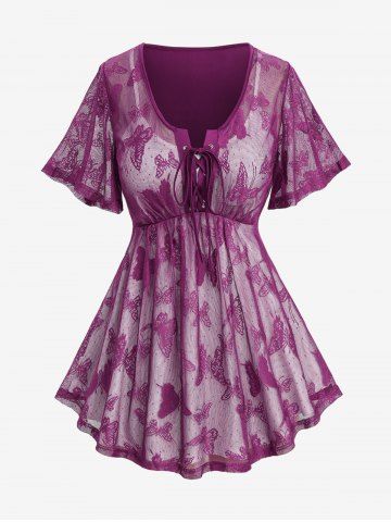 Plus Size Butterfly Lace Overlay Lace-up 2 in 1 Tee - LIGHT PURPLE - 1X | US 14-16