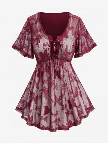 Plus Size Butterfly Lace Overlay Lace-up 2 in 1 Tee - DEEP RED - L | US 12