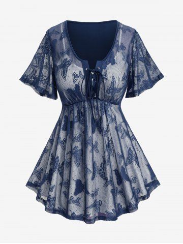 Plus Size Butterfly Lace Overlay Lace-up 2 in 1 Tee - BLUE - 4X | US 26-28