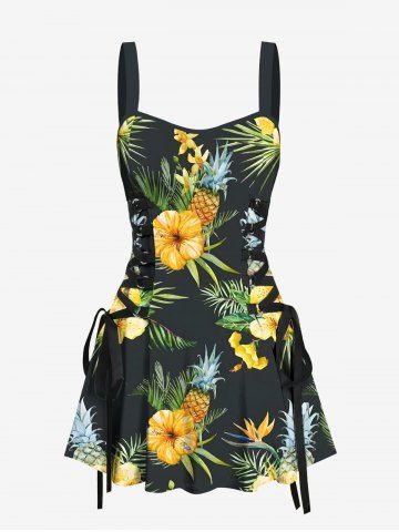 Tropical Leaves Hibiscus Floral Pineapple Print Hawaii Lace Up A Line Tank Dress - BLACK - M