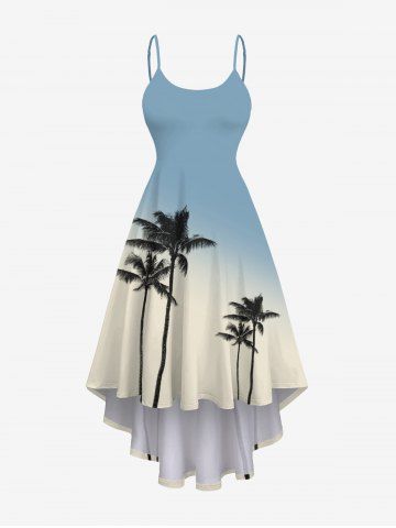 Plus Size Coconut Tree Ombre Print High Low Hawaii Cami Dress - LIGHT BLUE - XXS